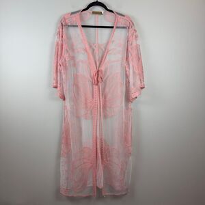 Jessica Taylor NYC Cover Up Womens One Size Pink Embroidered Tie Kimono Coquette